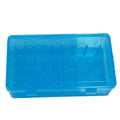 Plastic storage box with 42 small compartments for sewing threads and craft supplies.