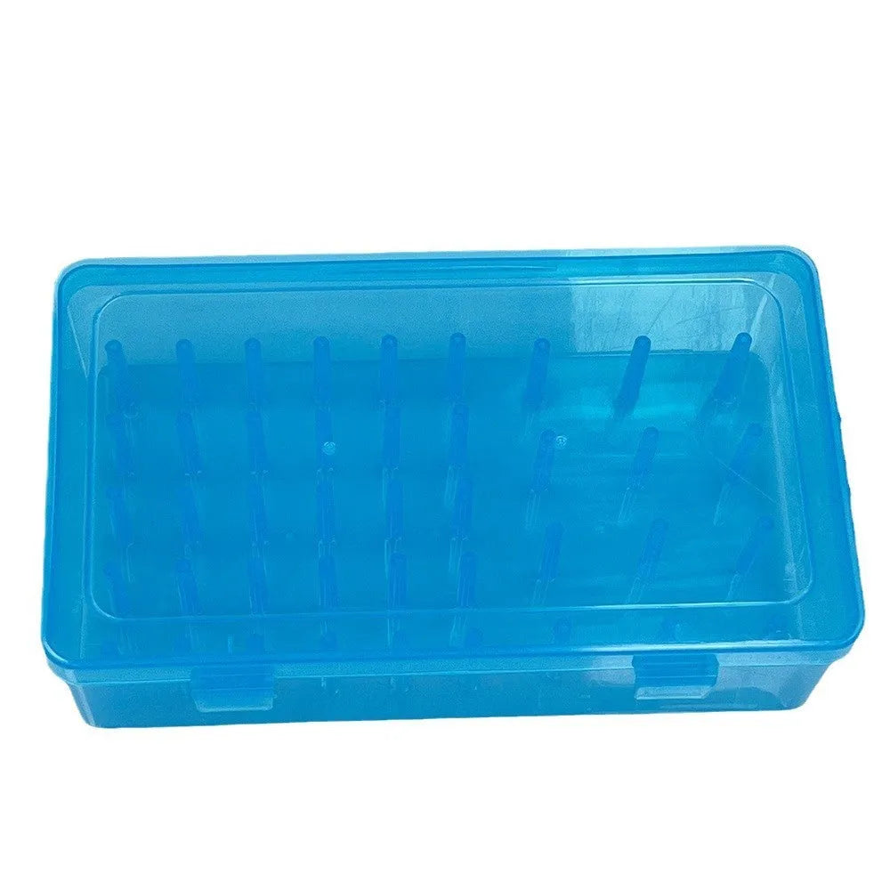 Plastic storage box with 42 small compartments for sewing threads and craft supplies.