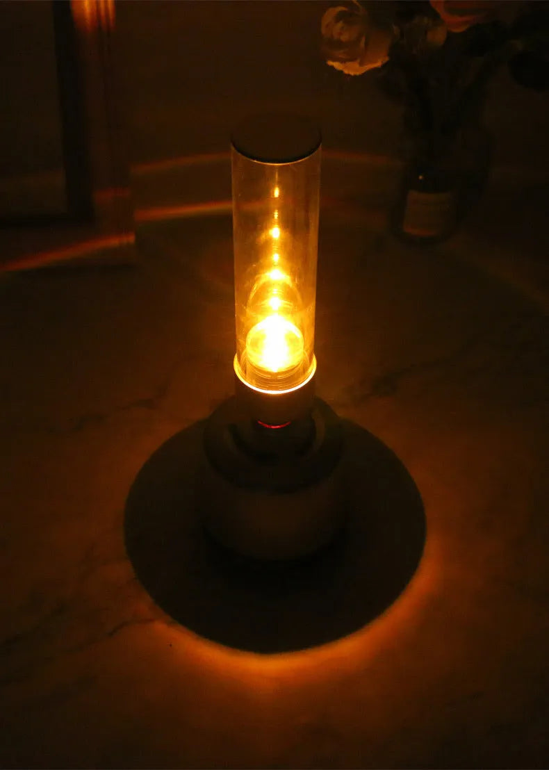 White silver candlelight Bluetooth speaker night light with modern design showing dimensions 90x277mm