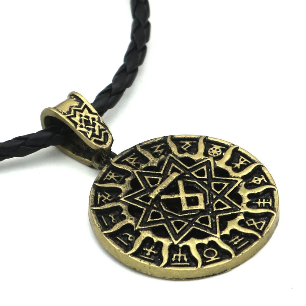 Lunavin ODing logo pendant necklace with leather rope and snake bones chain options in antique silver or bronze finish