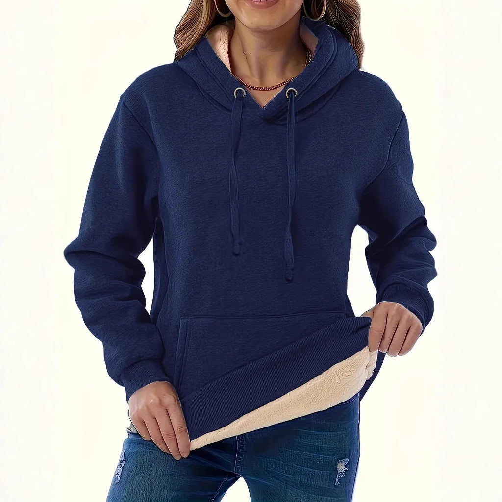 Women's thick polyester hooded sweater in wine red with a 3D pattern, hood, and front pockets.