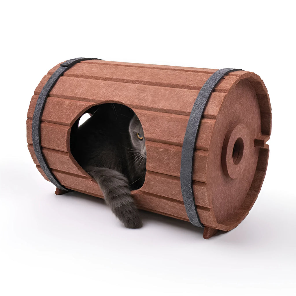 Assembled wine barrel pet bed for cats with soft interior, shown alongside its three flat felt panels and two binding straps.