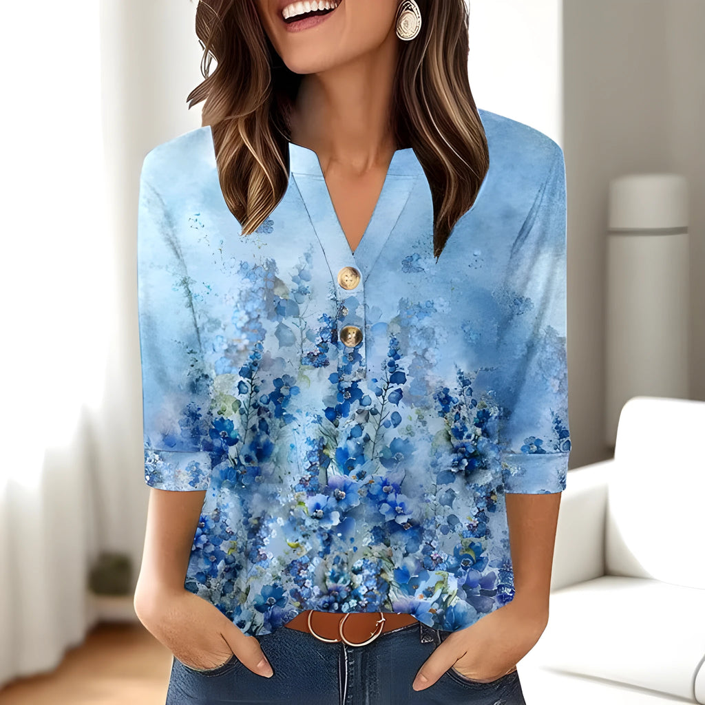 Women's loose fit V-neck top with 3D pattern in casual Japanese Korean style
