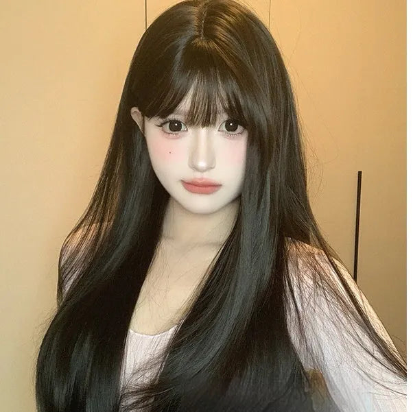 Dark brown long straight full-head wig with fringe made from high temperature synthetic fibre