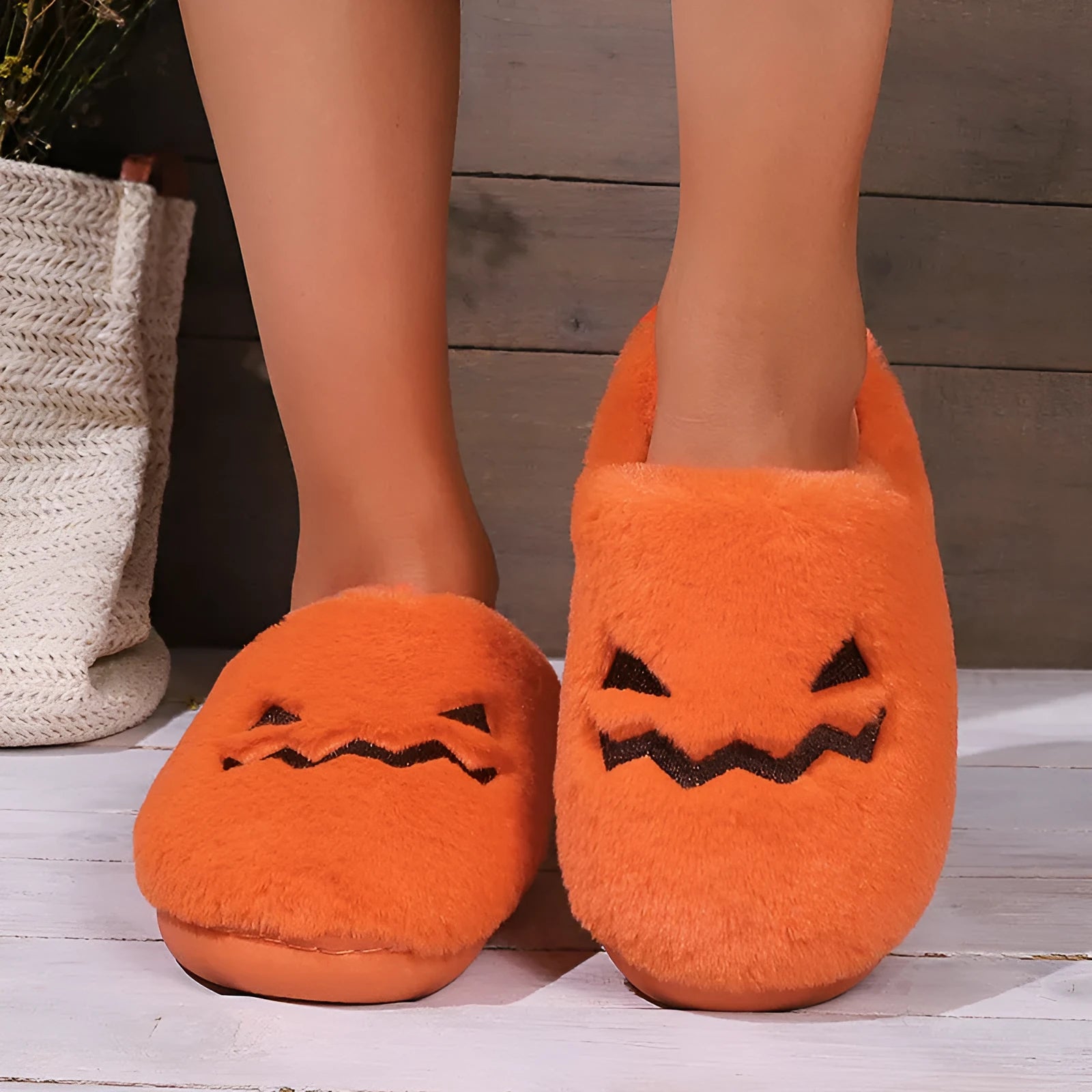 Orange pumpkin slippers with coral velvet upper and PVC sole