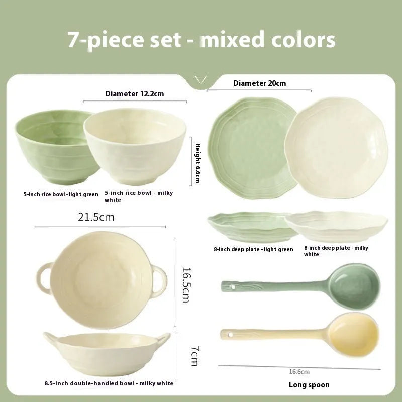 Solid colour ceramic tableware set with seven pieces showing modern simple design