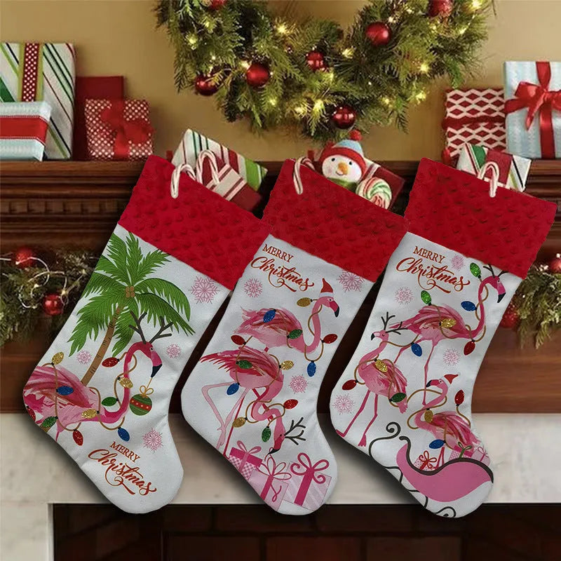 Flamingo patterned cloth Christmas stocking decoration measuring 46 by 28 centimetres.