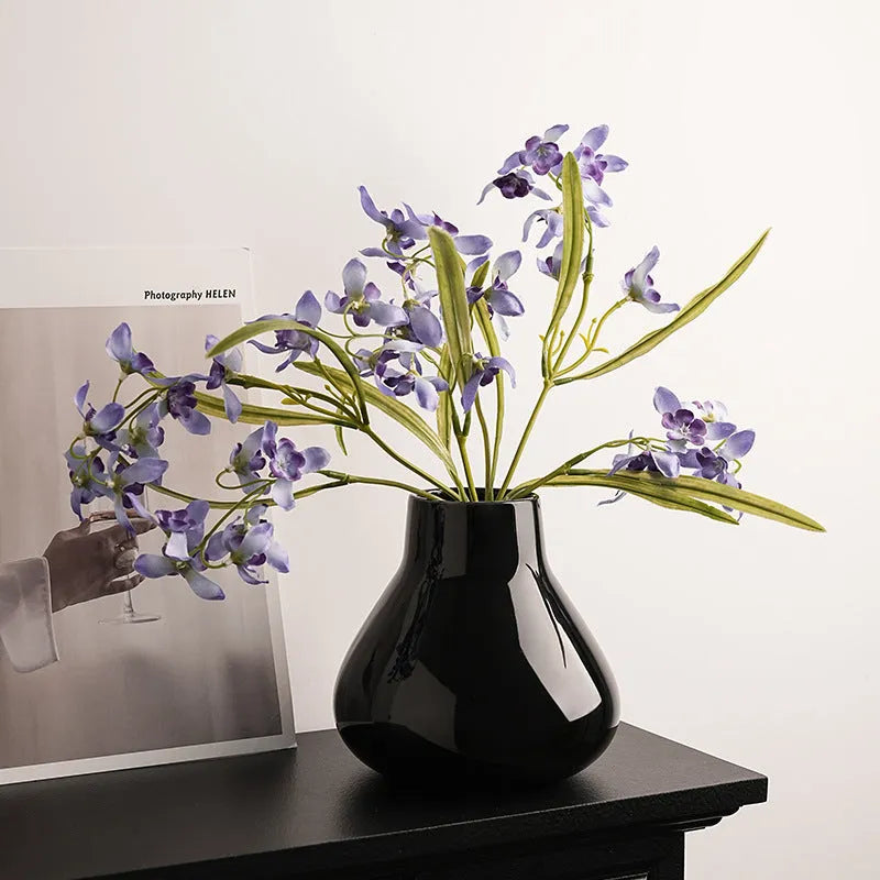 Ceramic round belly French vase with coloured glaze finish and fabric flowers in black or white option