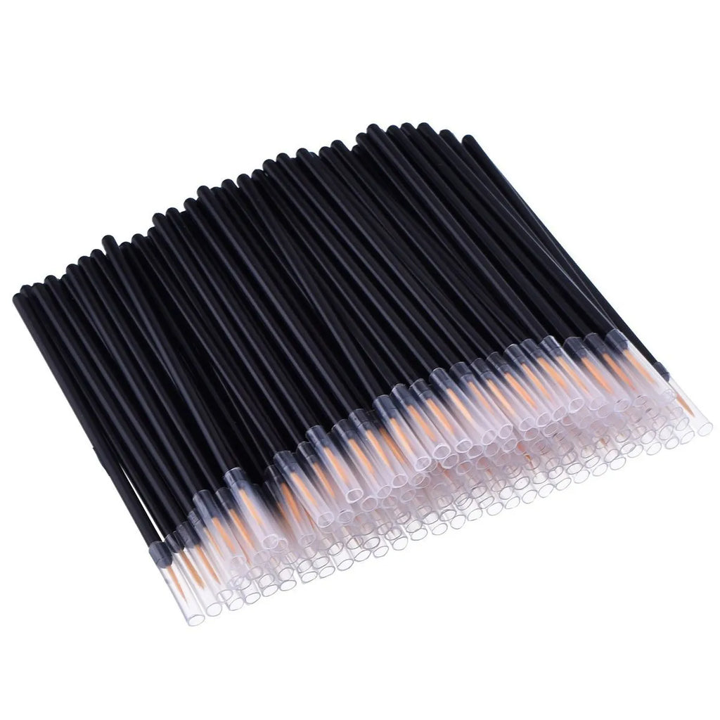 Pack of 100 black disposable eyeliner brushes with fine pointed tips and plastic sleeves