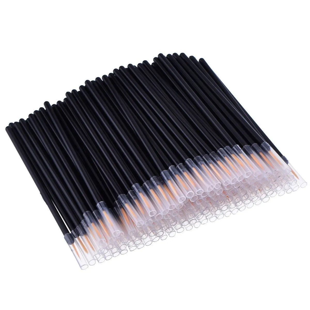 Pack of 100 black disposable eyeliner brushes with fine pointed tips and plastic sleeves