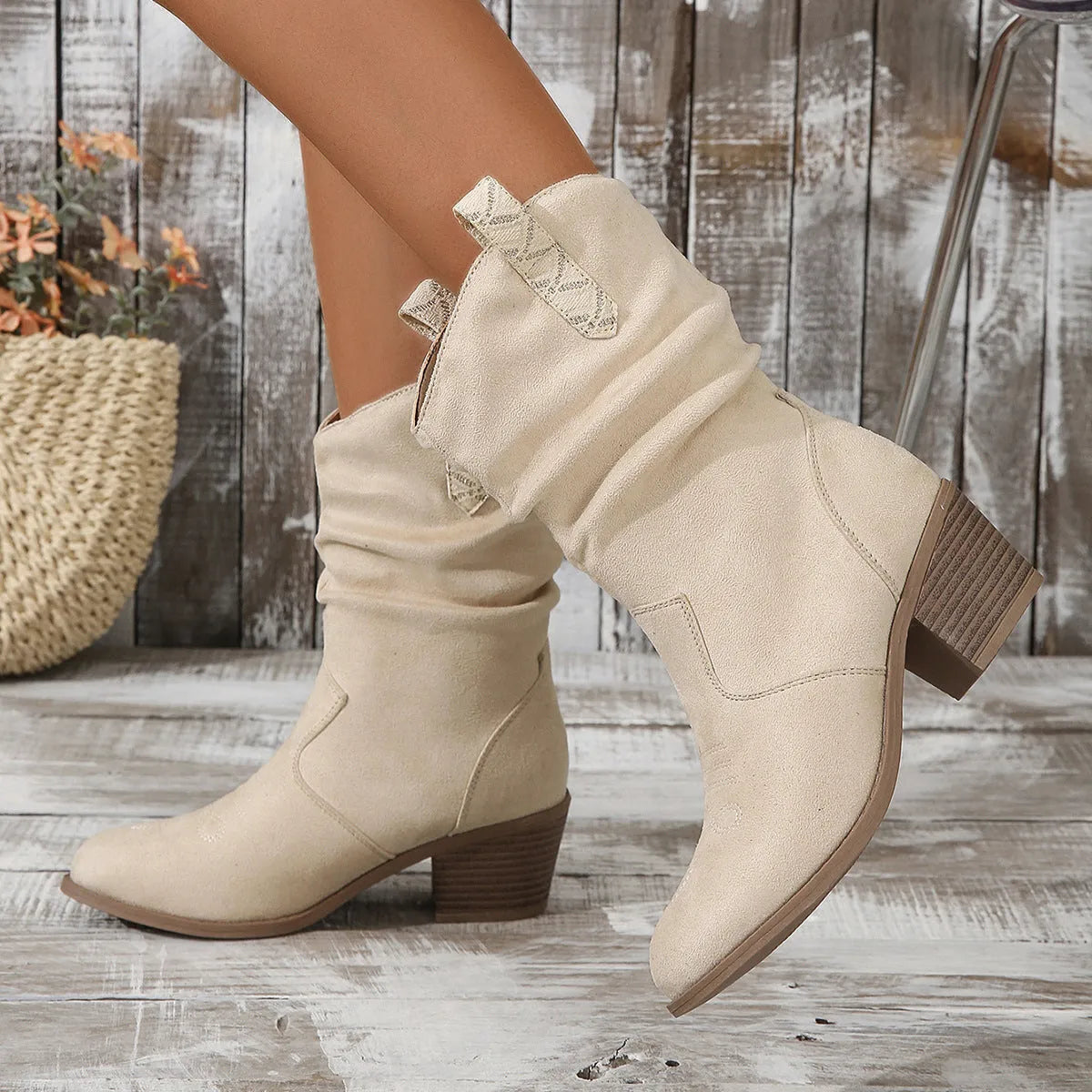 Women's suede mid-calf boots with leather stitching detail and chunky heel in Milky White colour