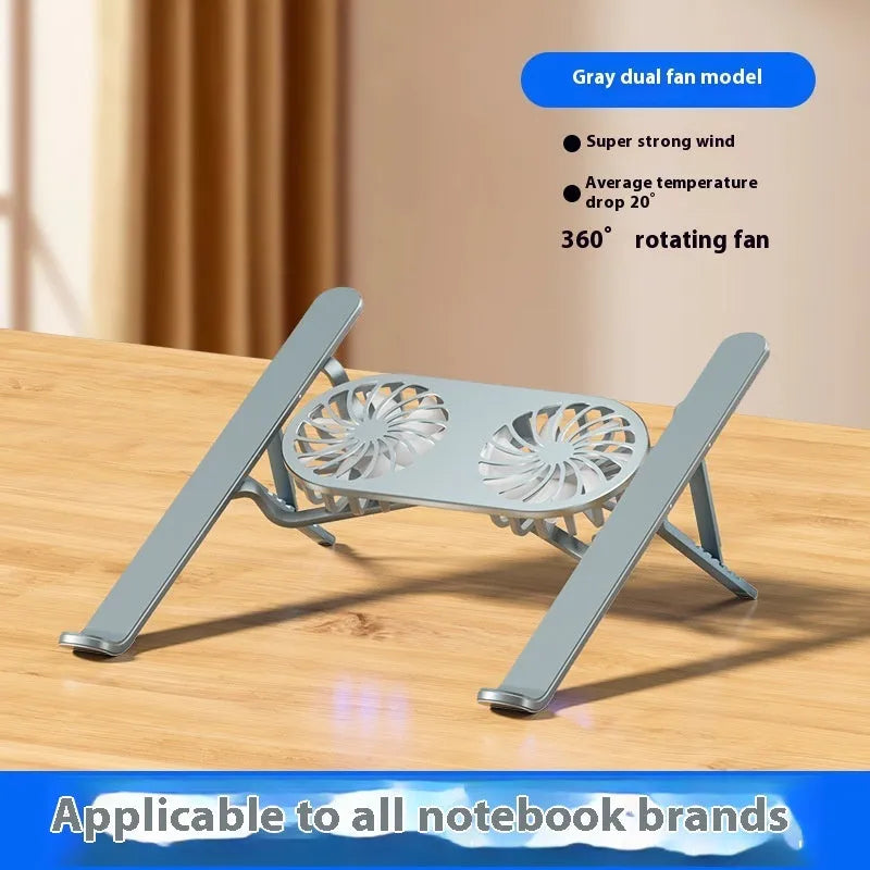 Silver aluminium laptop cooling stand with twin fans in folded position beside cloth carrying bag