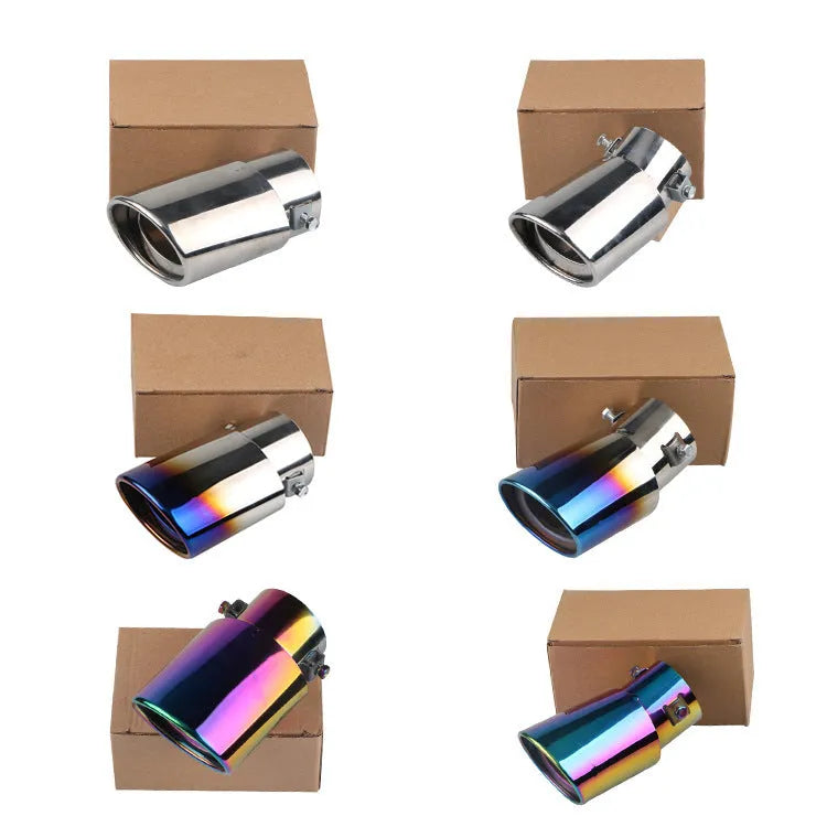 Stainless steel car exhaust tailpipe in blue finish, shows straight and curved style options.