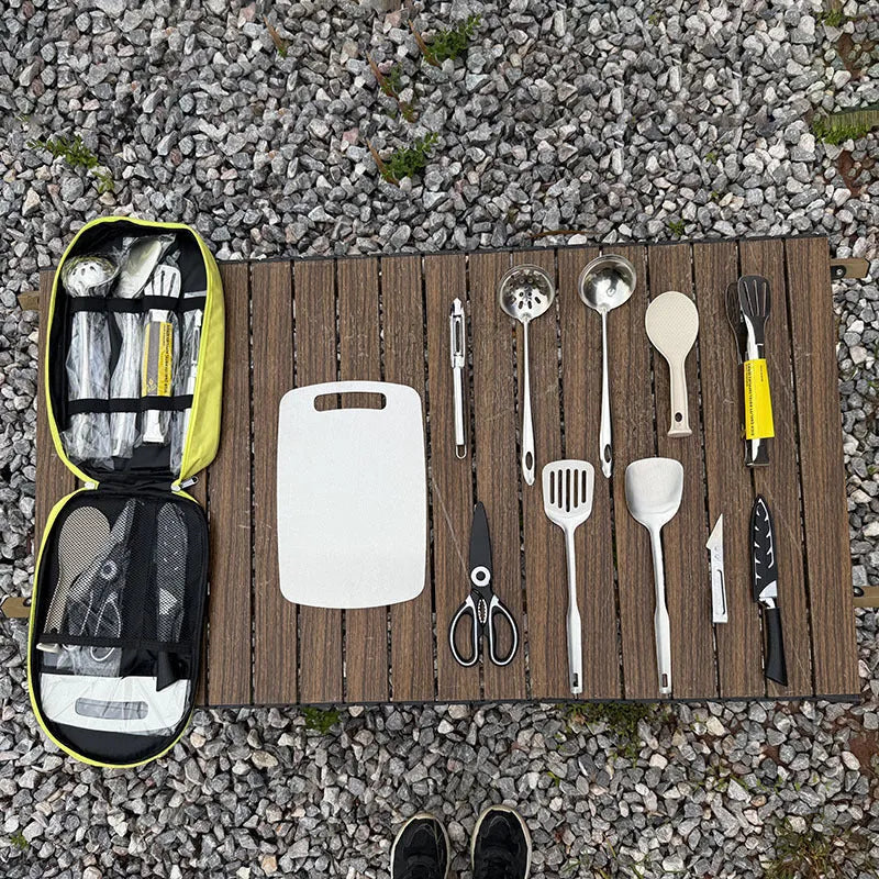 Picnic kitchenware storage bag containing 12 stainless steel utensils in brown, green, or khaki colour