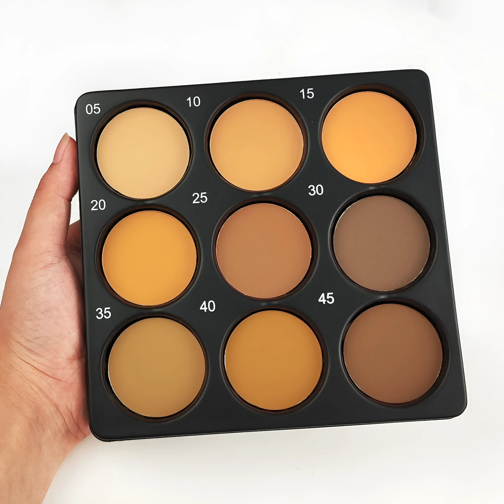 Dark matte makeup palette with nine waterproof colours in compact case