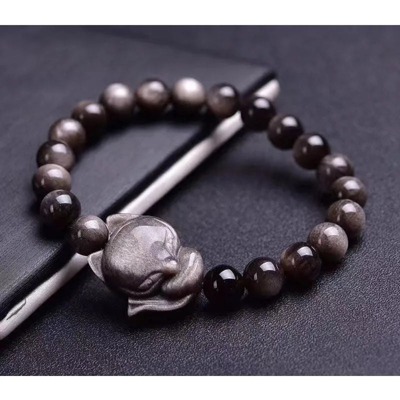 Obsidian fox single ring bracelet with 8mm beads and hand-carved animal motif on elastic cord