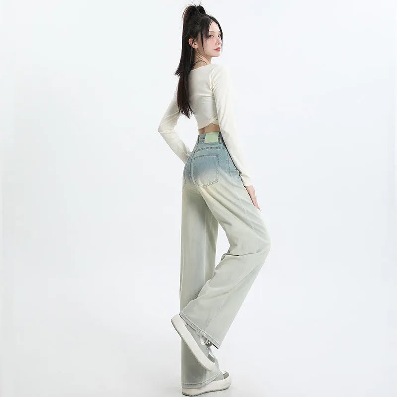 Gradient blue straight-leg wide-leg women's denim trousers laid flat