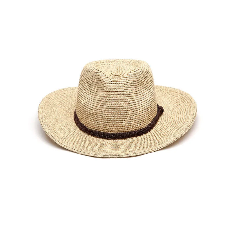 Men's foldable wide-brim straw sun hat in beige on a neutral background