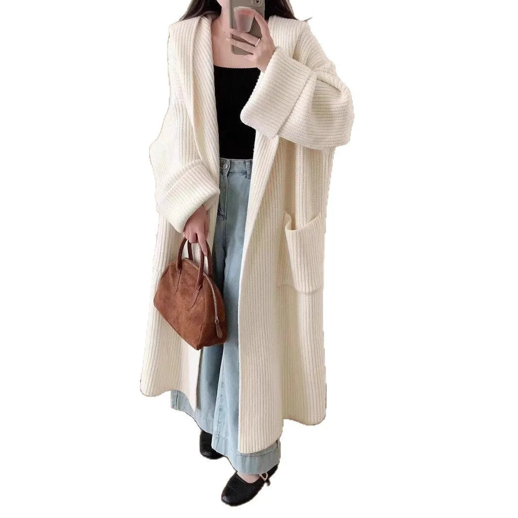Women's loose acrylic hooded cardigan coat with raglan sleeves in milky white colour