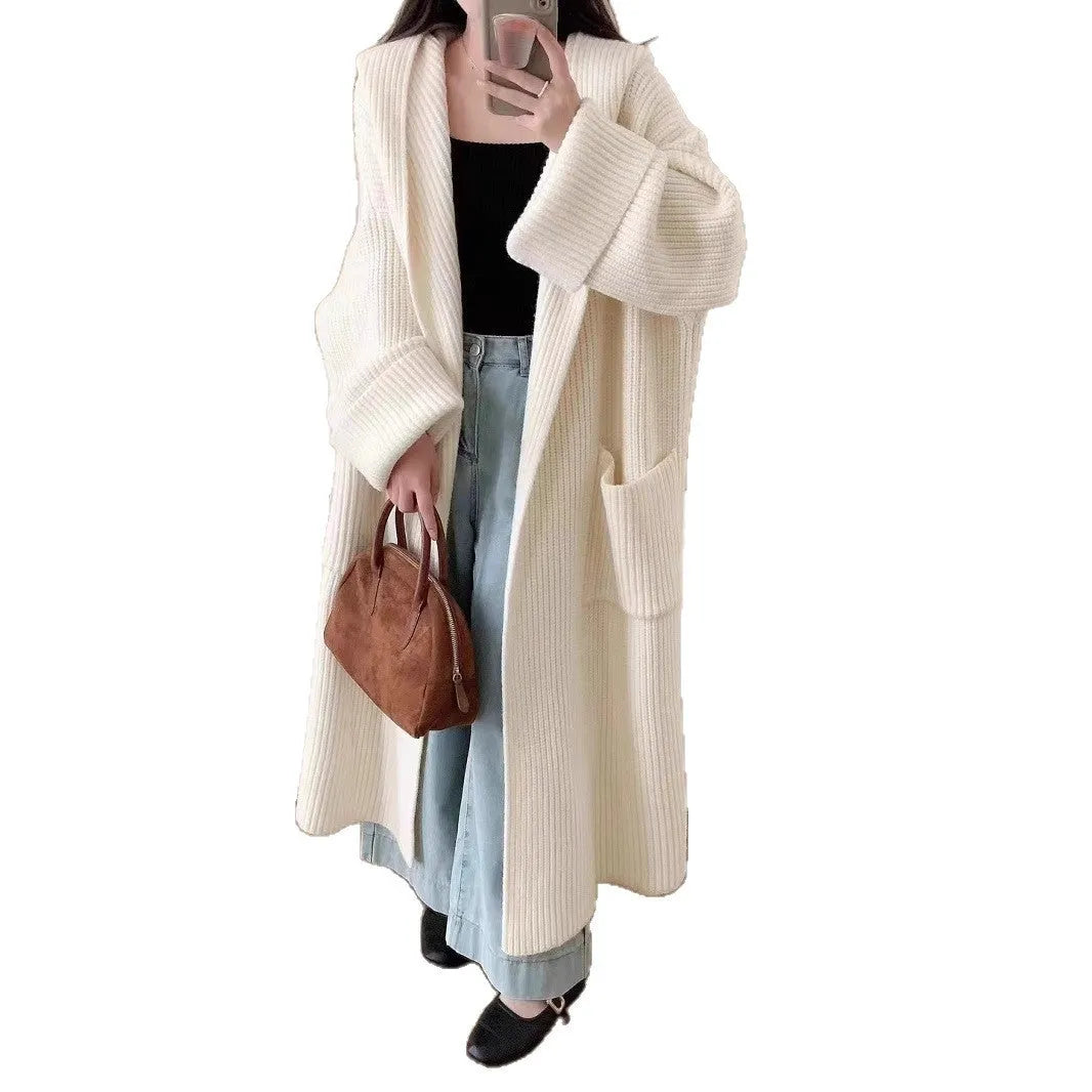 Women's loose acrylic hooded cardigan coat with raglan sleeves in milky white colour