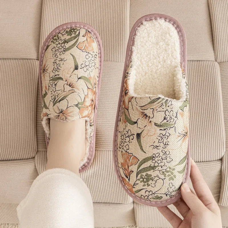 Linen surface cotton winter slippers with PVC sole in various colour patterns and sizes
