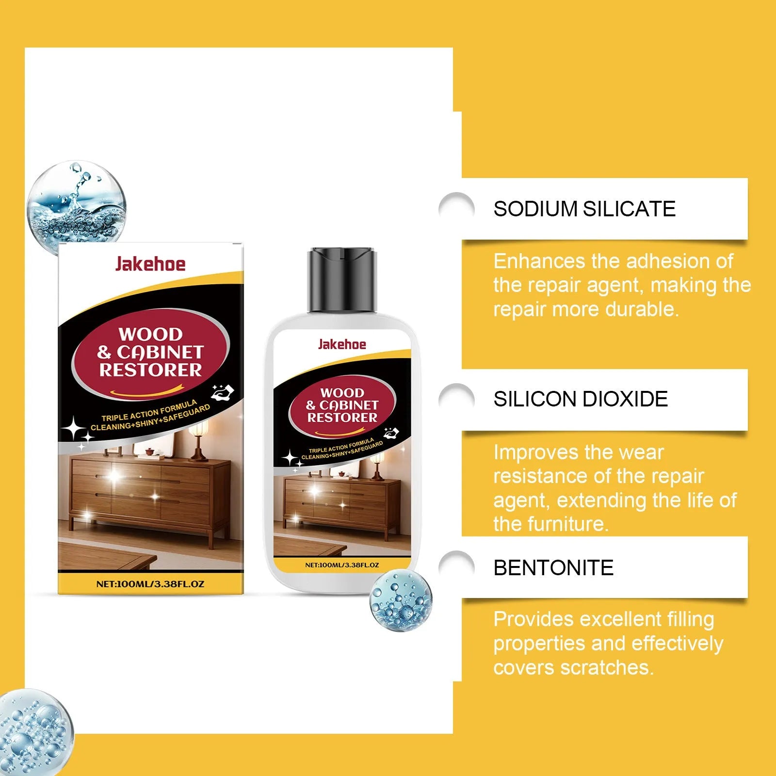 Wooden furniture scratch care kit showing 100ml bottle and 20x20cm microfiber towel for surface maintenance
