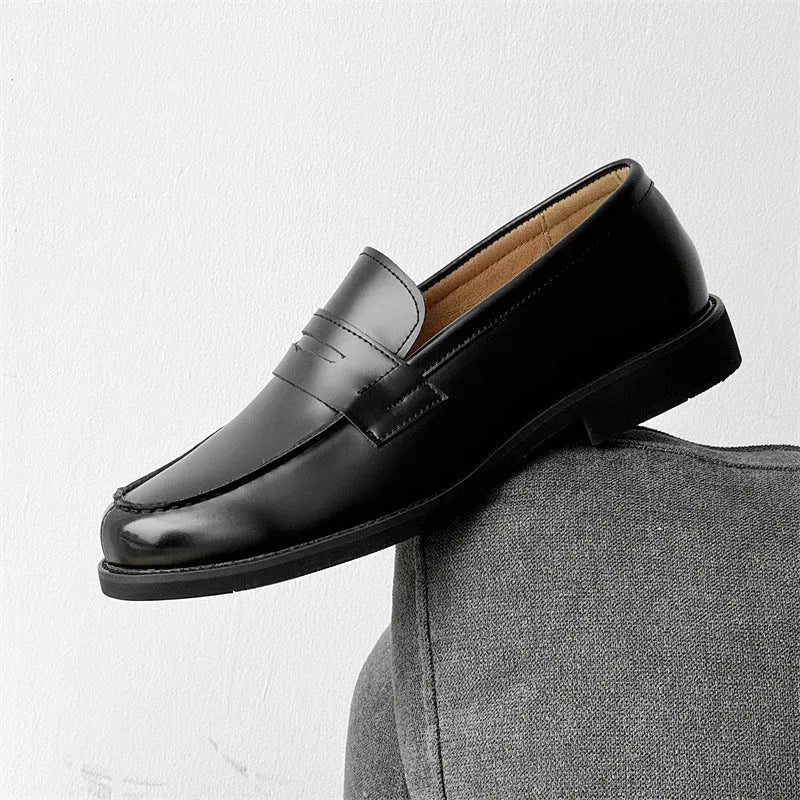 Men's classic black slip-on derby shoes with height-increasing insole, microfiber upper, rubber sole