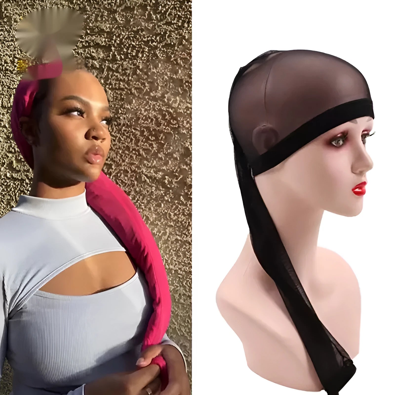 Breathable black mesh wig cap with elastic spandex material shown stretched.