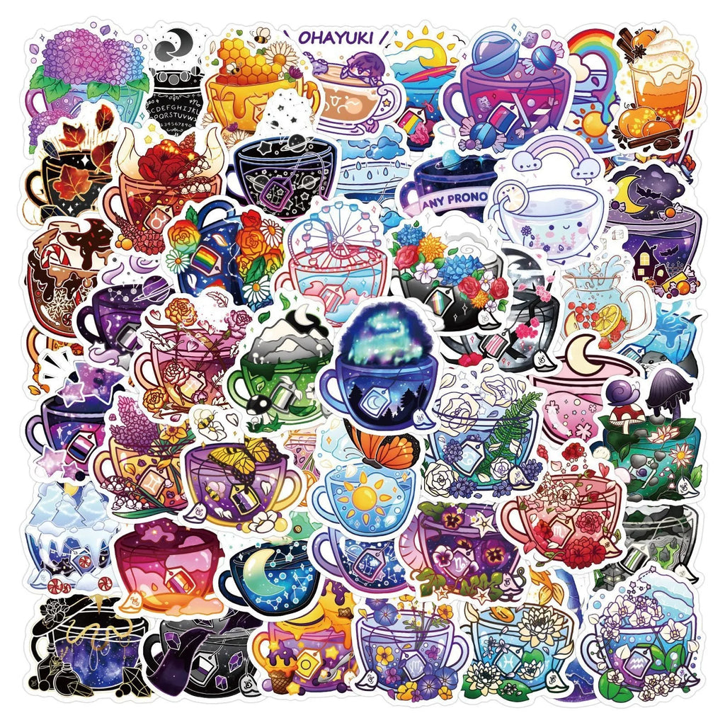 Waterproof vinyl stickers with colourful tea cup graffiti design in Nordic style, 50-piece pack
