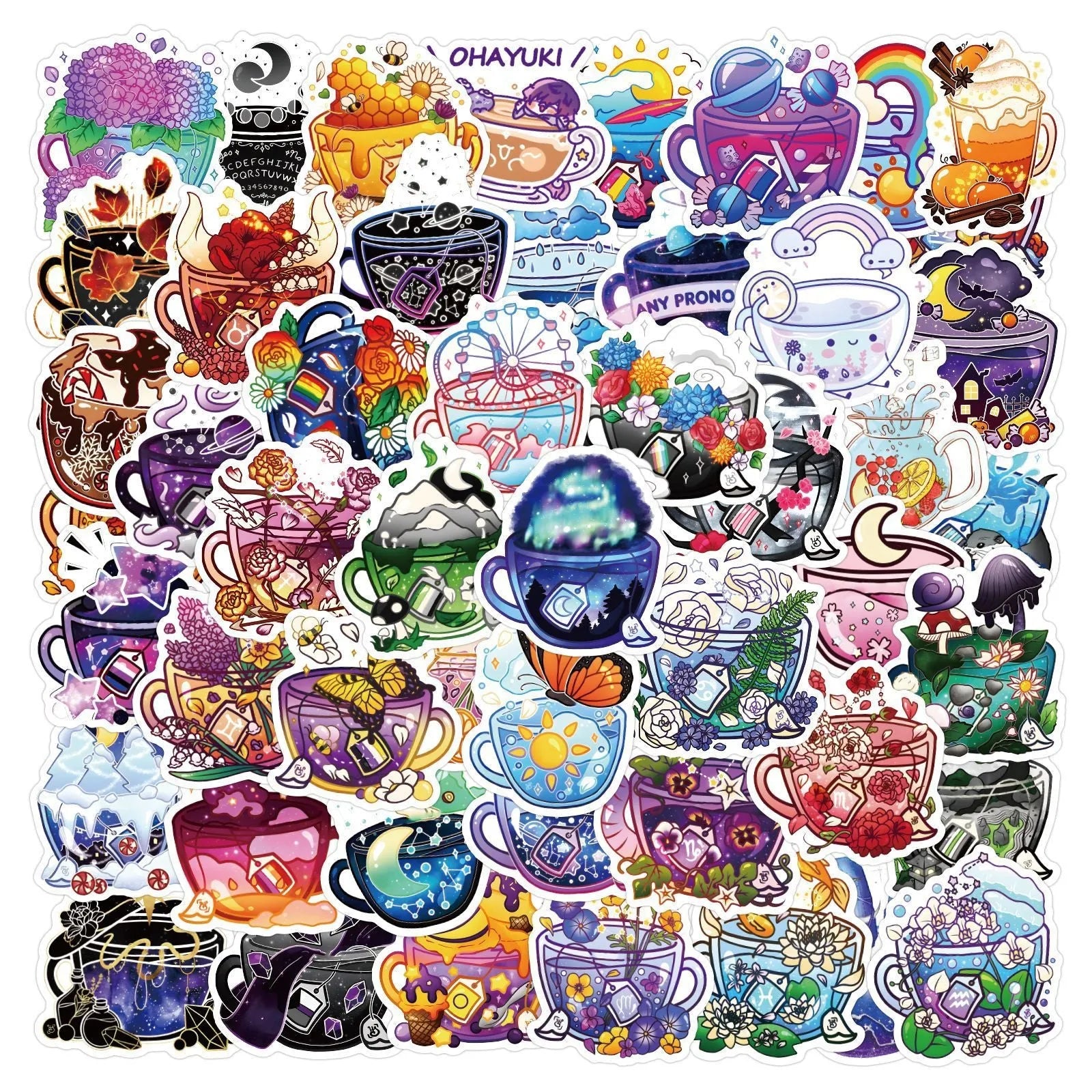 Waterproof vinyl stickers with colourful tea cup graffiti design in Nordic style, 50-piece pack