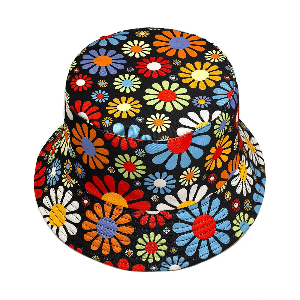 Colourful flower print bucket sun hat with dome crown in polyester fabric