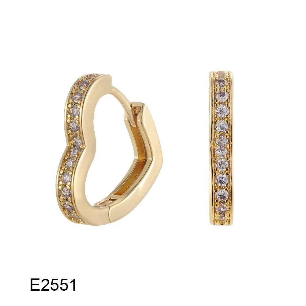 Heart-shaped brass gold plated ear clip earrings with zircon decoration in copper construction