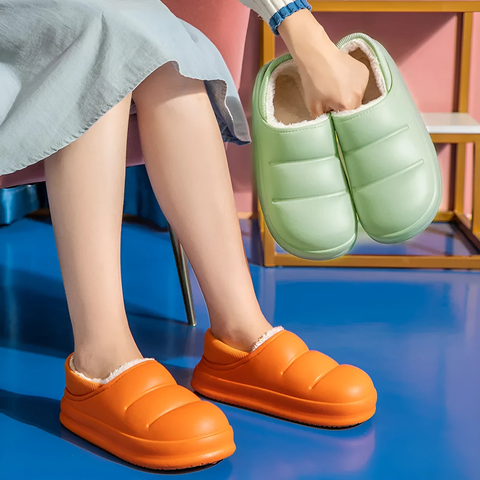 Waterproof cotton couple slippers with EVA sole in multiple colours