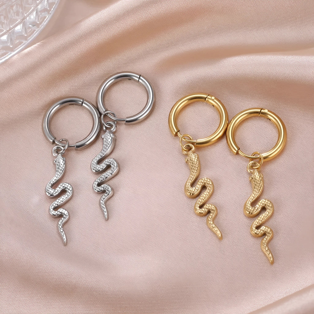 Snake-shaped vintage clip earrings in stainless steel with 18K gold plating