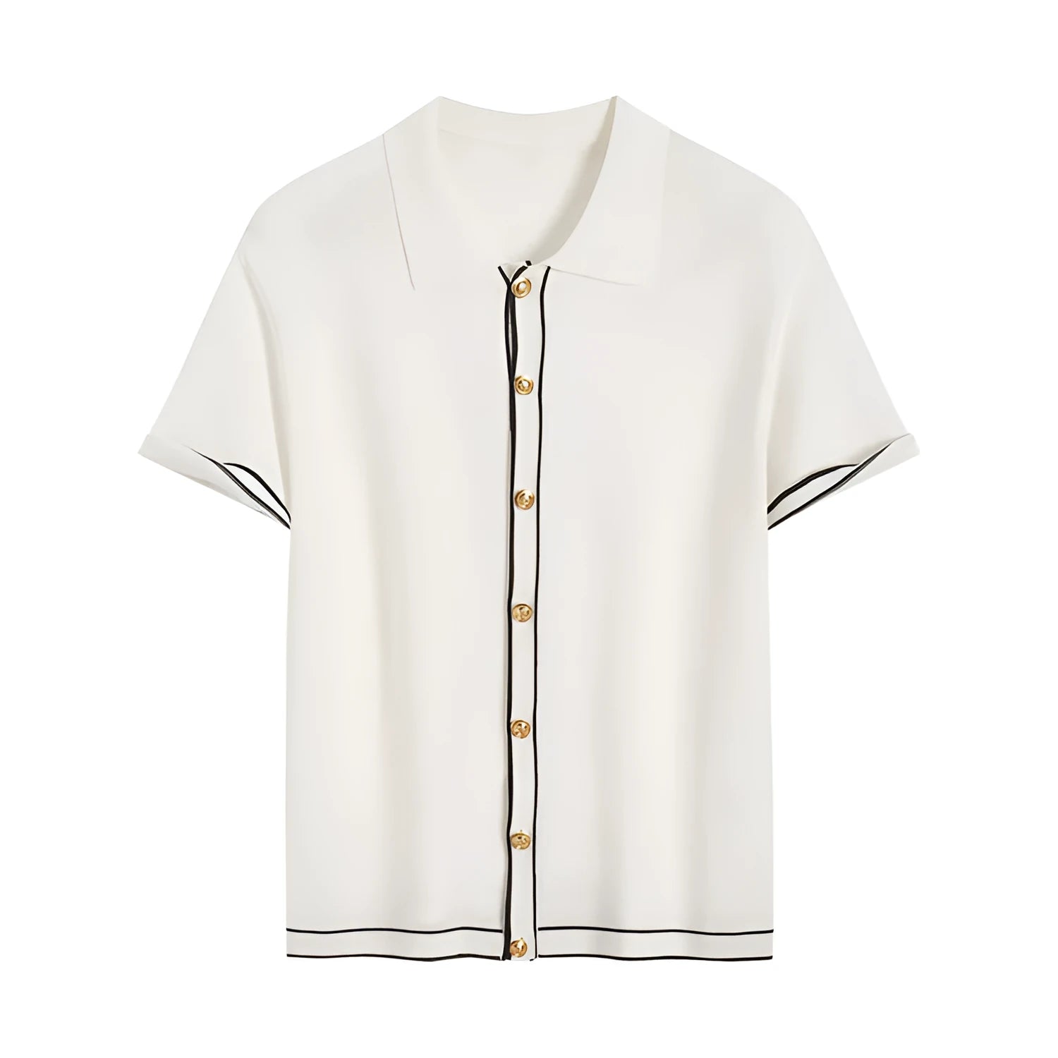 White short sleeve women's cardigan with dark contrasting lapels laid flat.