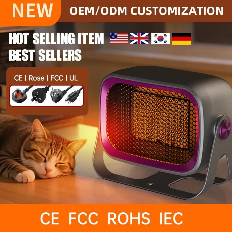 White desktop ceramic heater with rotatable base and push-button controls on wooden surface