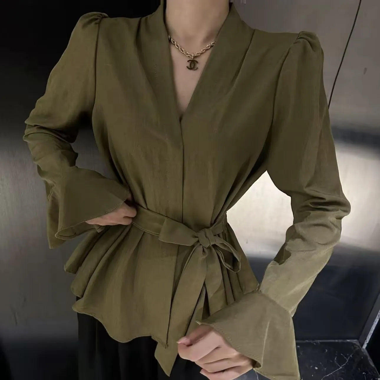 Women's French-style irregular collar long sleeve tied shirt with bell sleeves in black colour
