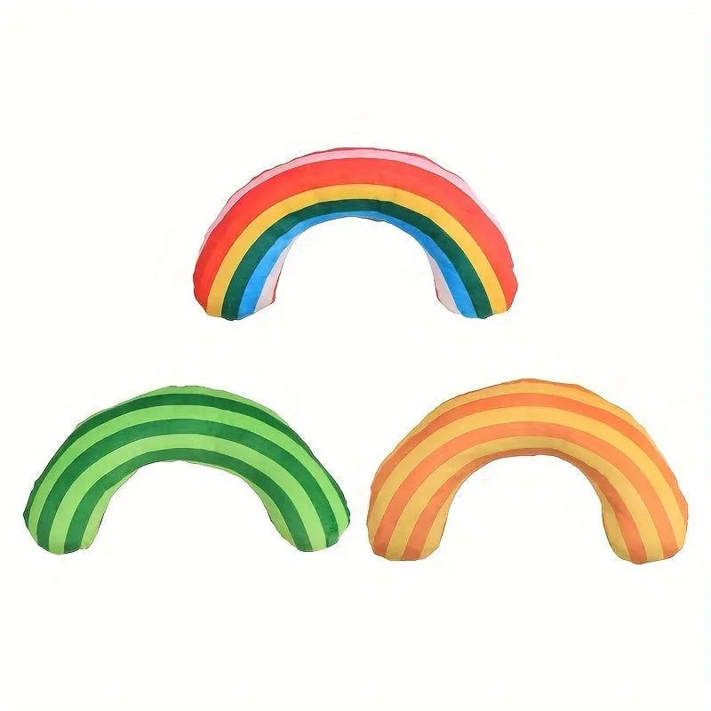 Striped green, rainbow, and yellow cat pillow toys with a built-in catnip strip and noise maker.