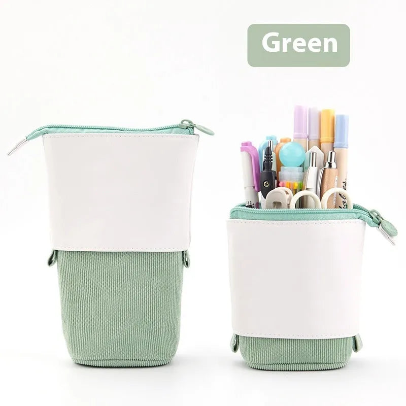 Korean style drop-down telescopic stationery case in cotton and linen with PU corduroy exterior