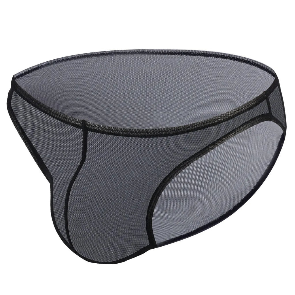 Men's black nylon fashion shorts with low waist and triangular cut on plain background