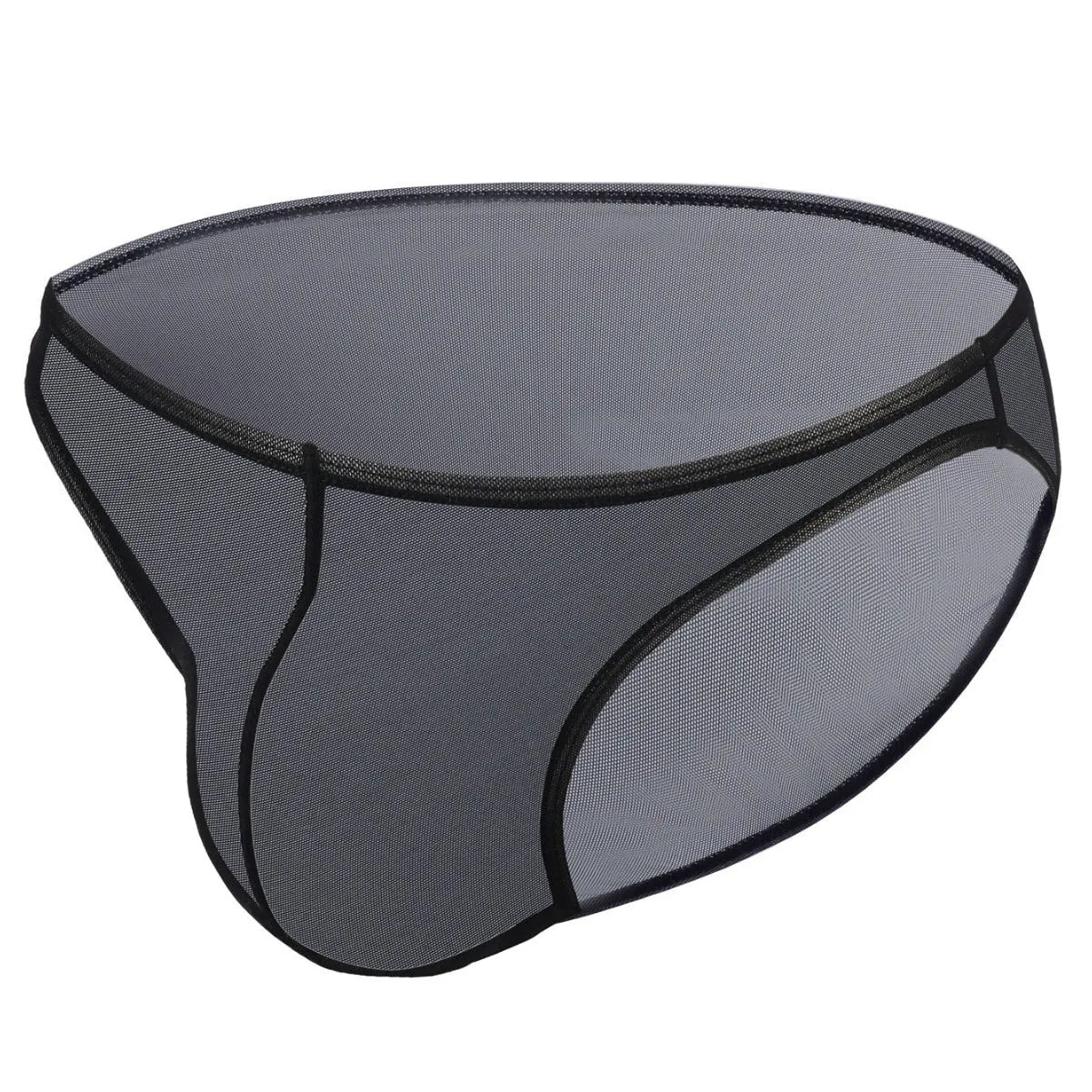 Men's black nylon fashion shorts with low waist and triangular cut on plain background