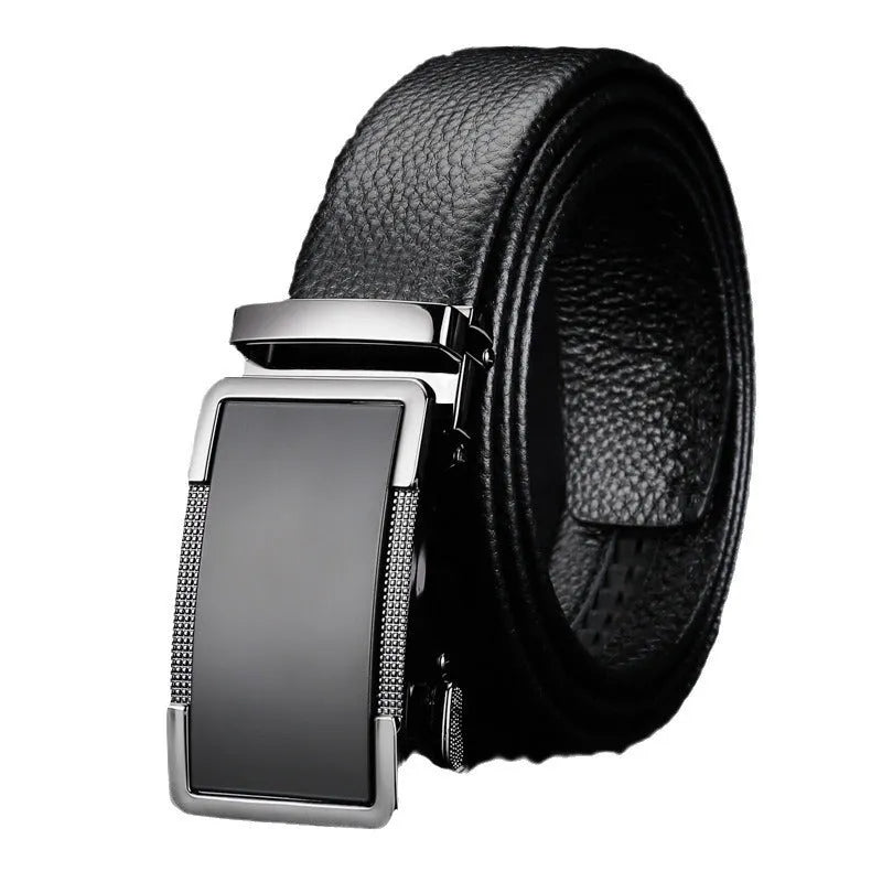 Men's automatic buckle leather belt in gold, gun black, or silver with alloy buckle