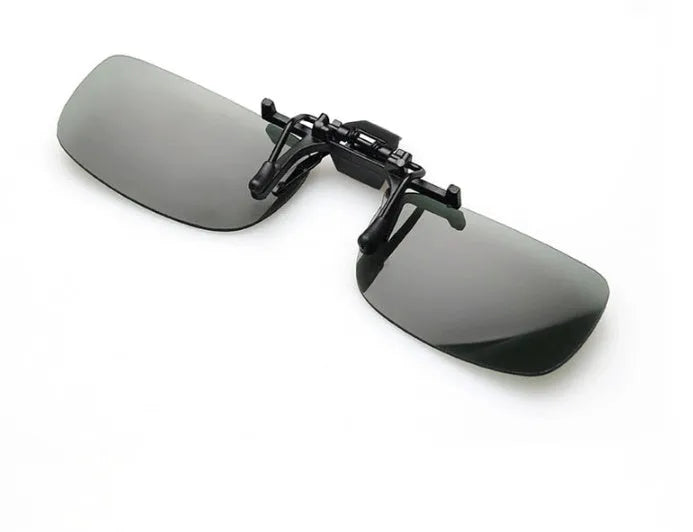 Clip-on driving sunglasses with polycarbonate lenses in grey, dark green, and night vision amber tints