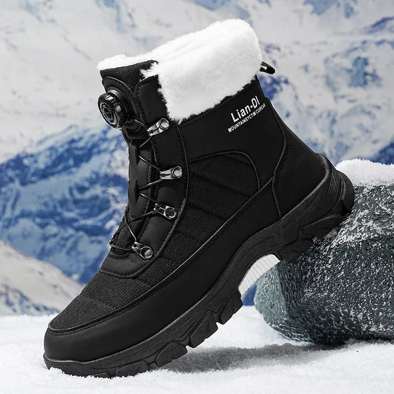 Men's fleece-lined warm snow boots in black with artificial PU upper and round toe design