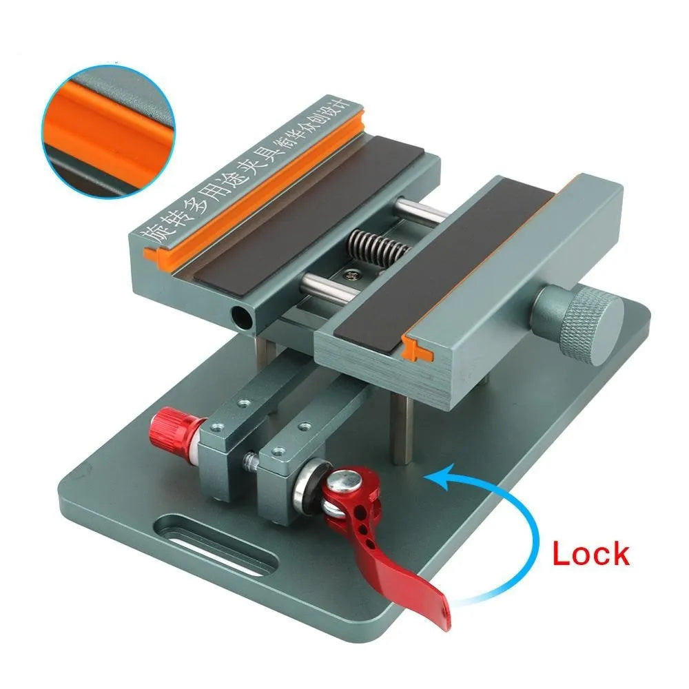 Mobile phone repair clamping fixture with silicone grips and a demolition crowbar tool.