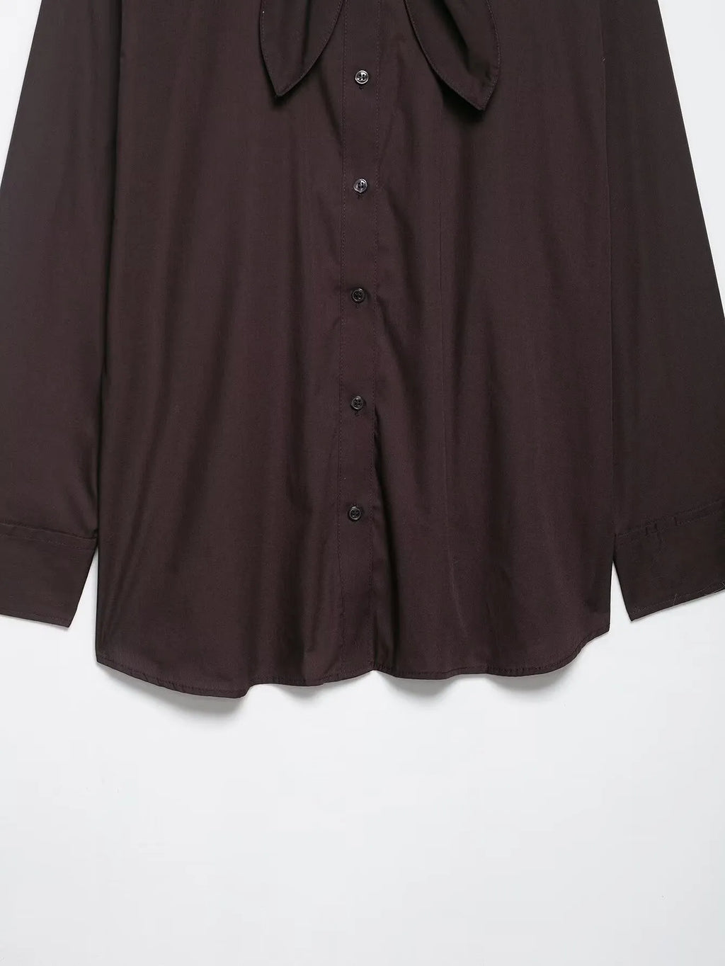 Brown women's long sleeve shirt with integrated poplin scarf and decorative bow tie