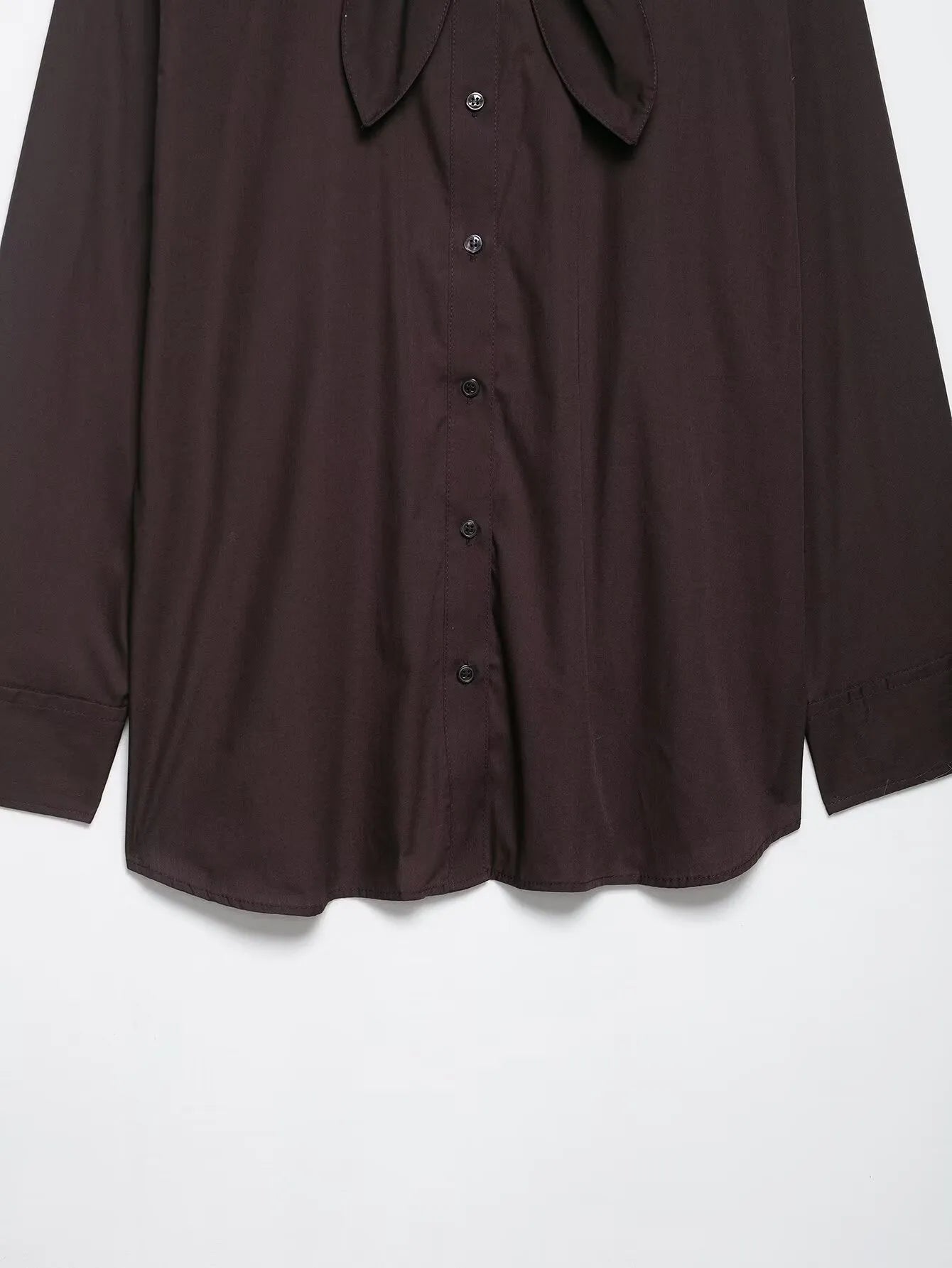 Brown women's long sleeve shirt with integrated poplin scarf and decorative bow tie