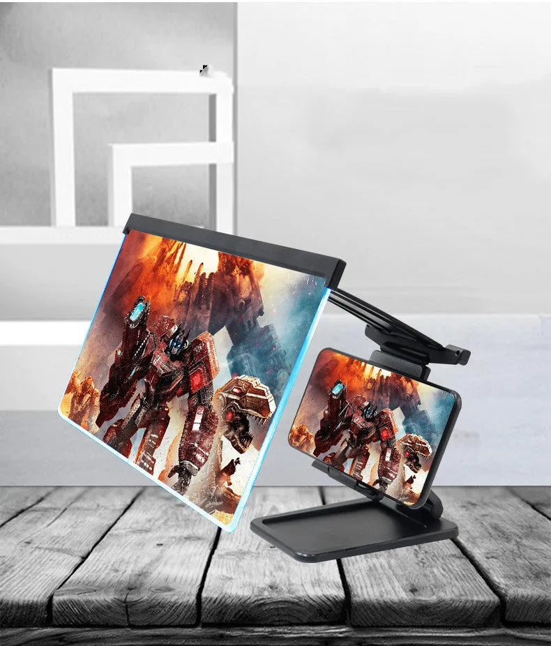 Black mobile phone screen amplifier with detachable phone holder on desktop surface