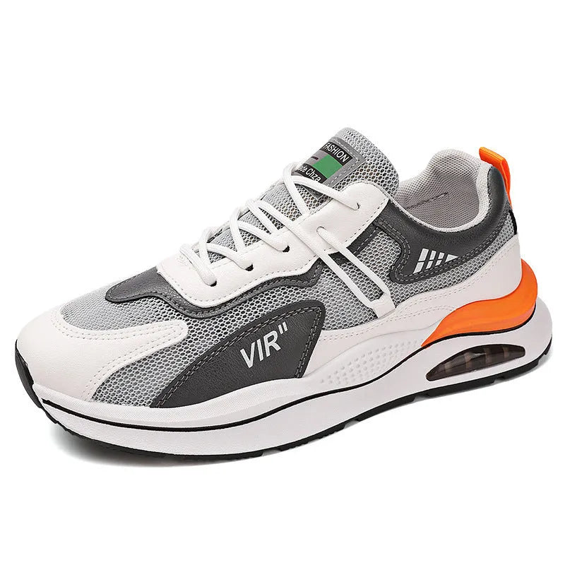 Men's grey breathable mesh casual shoes with a round toe and middle-top height on a white background.