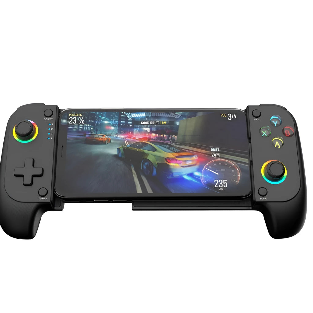 Bluetooth mobile gaming controller for Android and iOS stretching games in plastic construction